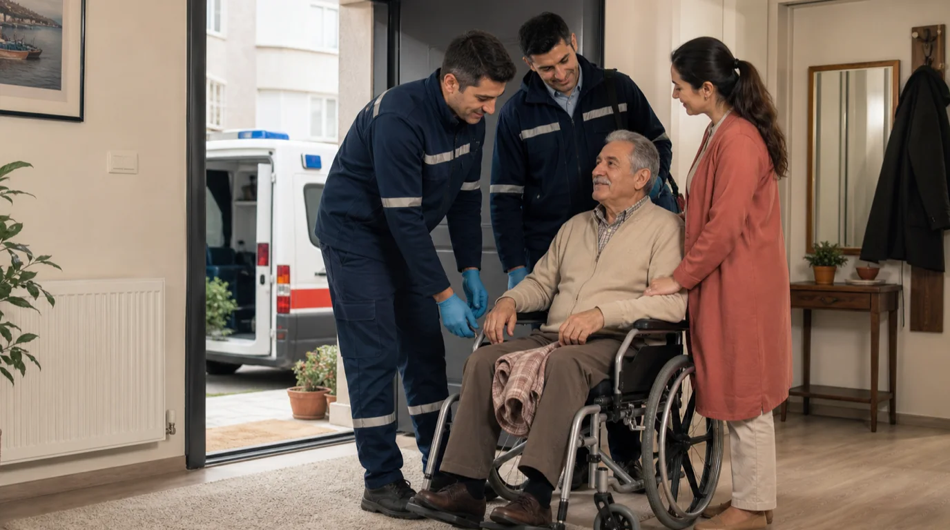 Paramediklerin yaşlı bir kişiyi planlı ambulans nakline hazırladığı temsilî sahne.