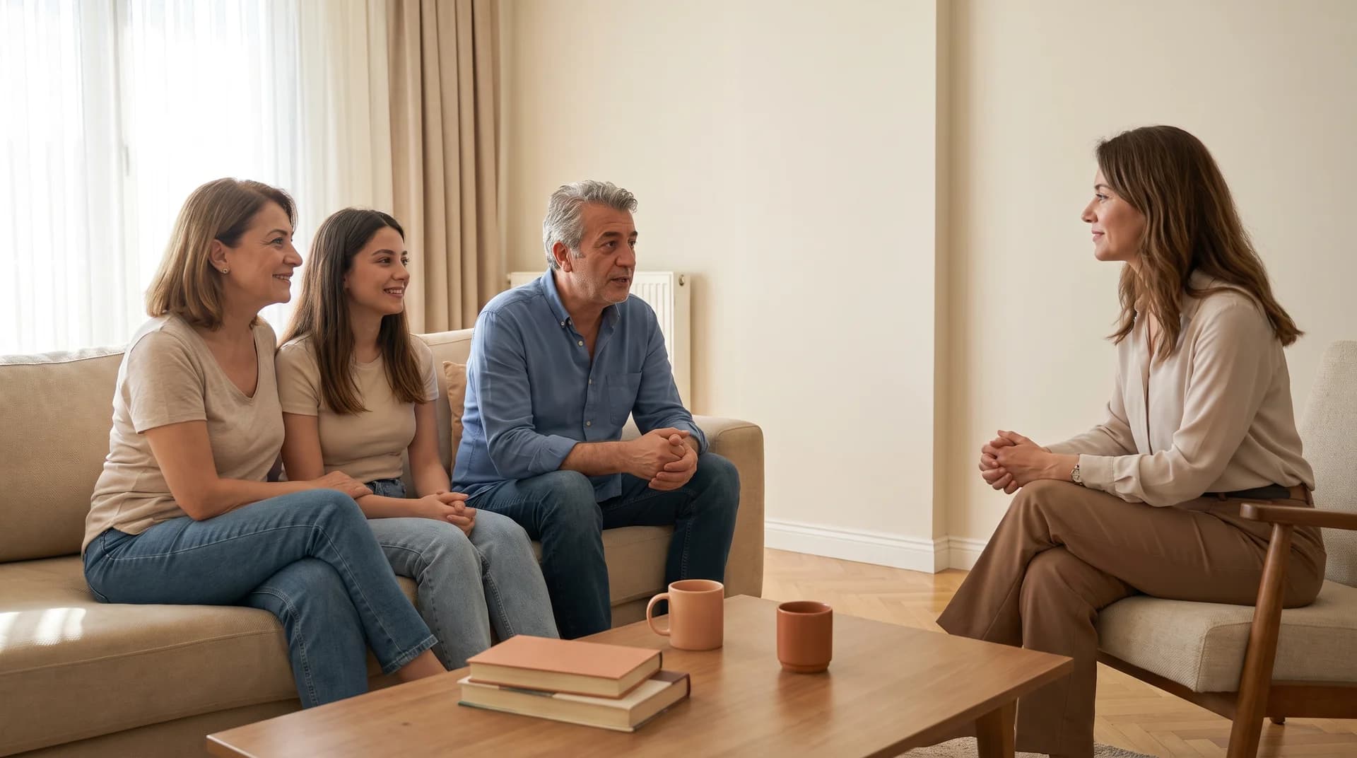 Üç aile üyesinin ev ortamında bir danışmanla görüştüğü temsilî aile danışmanlığı sahnesi.