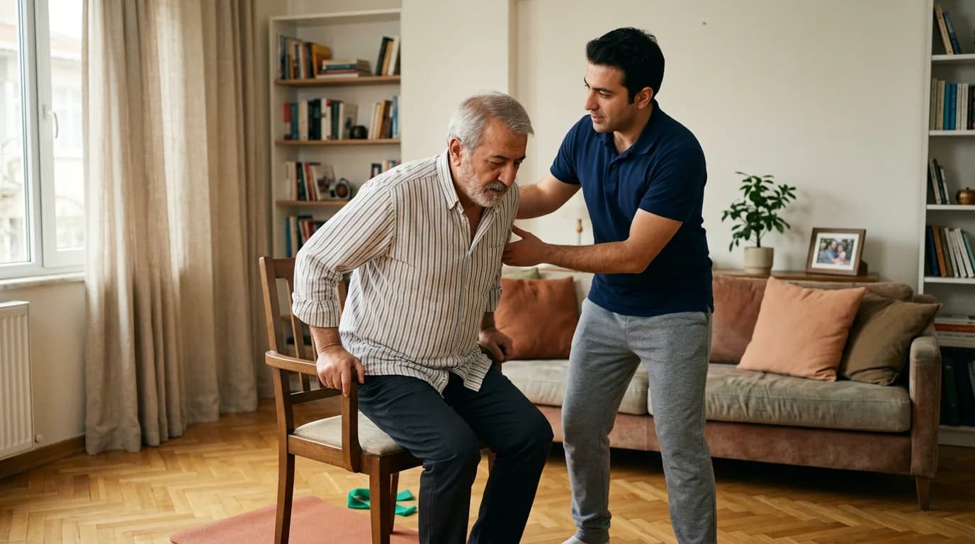 Fizyoterapistin yaşlı bir erkeğe kalkma egzersizinde destek olduğu temsilî sahne.
