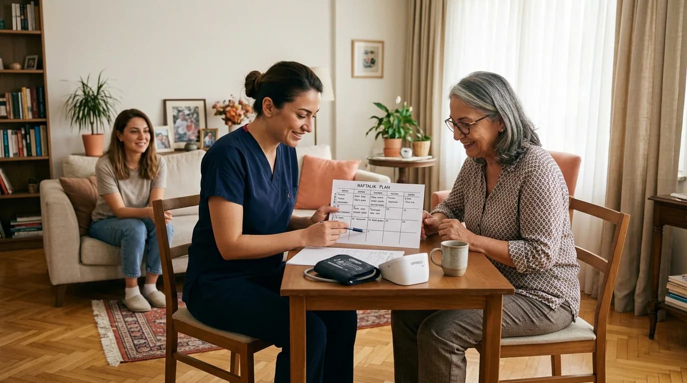 Hemşirenin yaşlı bir kadınla haftalık bakım planını değerlendirdiği temsilî sahne.